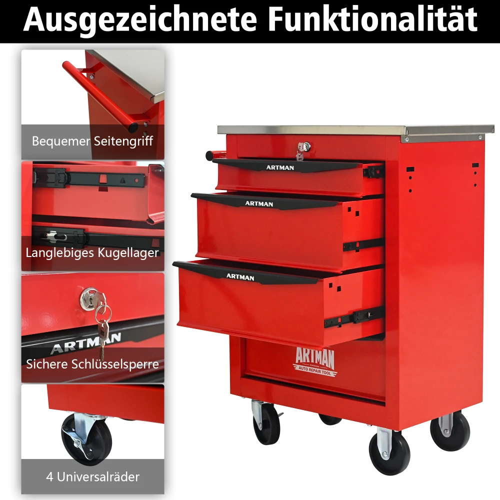 Multifunktionaler Werkzeugwagen mit 4 Schubladen und Rädern, Metallrollen-Werkzeugwagen, Aufbewahrung für Garage, Werkstatt, Lager, Reparaturwerkstatt – Detail 33
