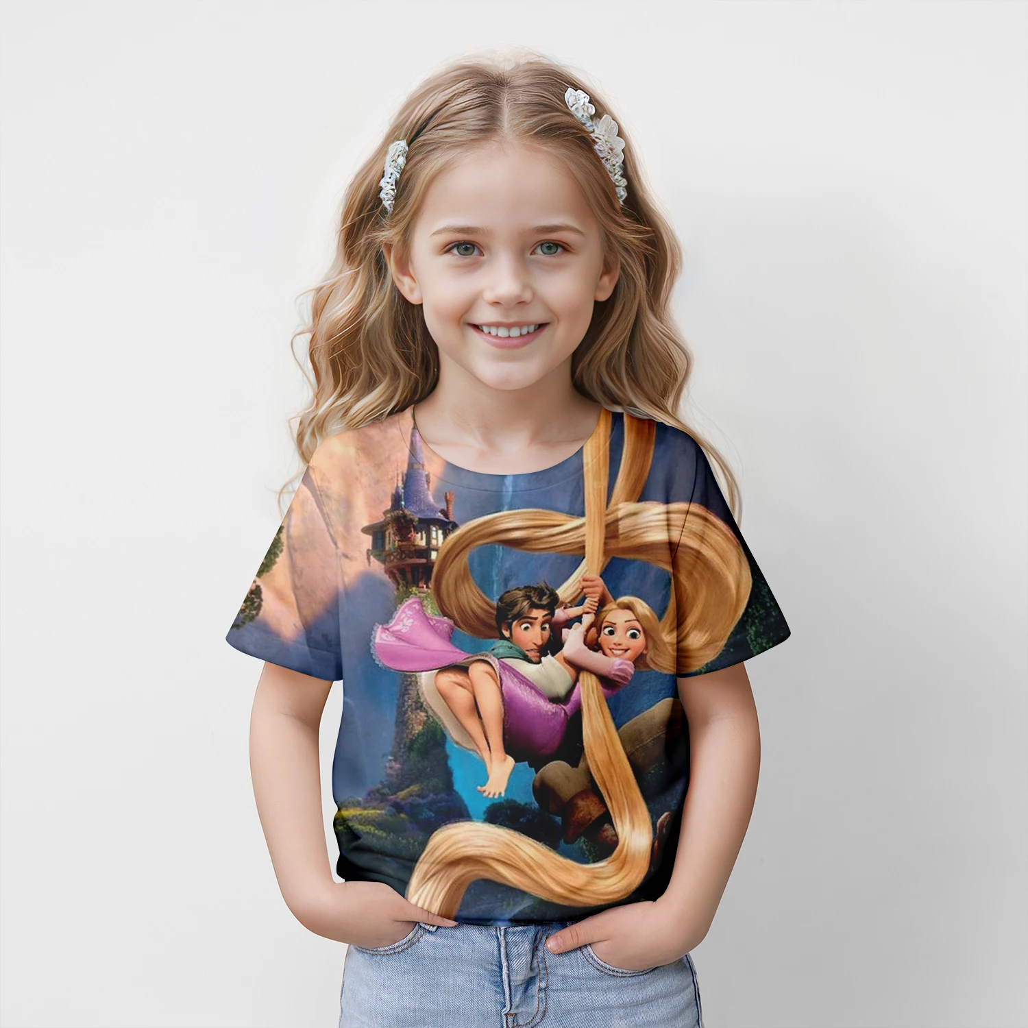 MINISO Disney Princess Rapunzel 2024 Summer 4-14 Years Children Kids Cool Boy Cute Girls Lightweight 3D Print T-Shirt Tops 2