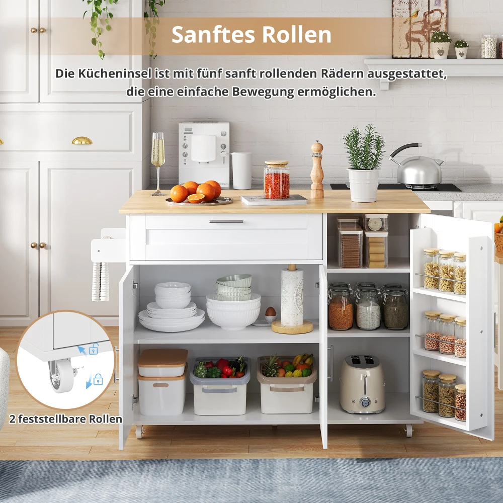 132.5*44(70)*90 cm mobiler Küchentisch, mit klappbarer Arbeitsplatte und Gewürzregal, Kücheninseln mit Handtuchhalter und 5 Rollen – Detail 10