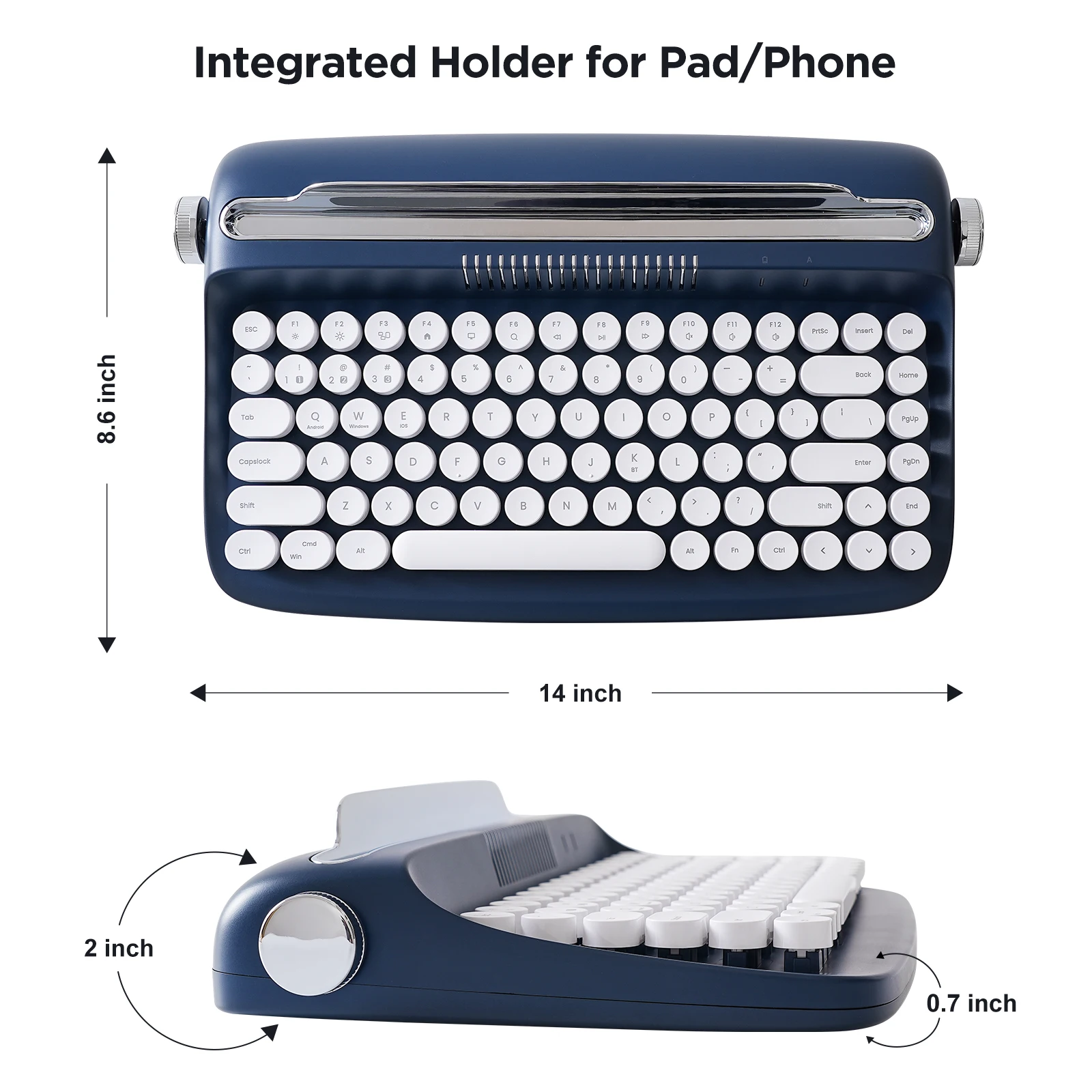 Yunzii-actto B303 Máquina de Escrever sem Fio Bluetooth Midnight Navy Retro Teclado Estético com Suporte Integrado para Vários Dispositivos - Imagem 4