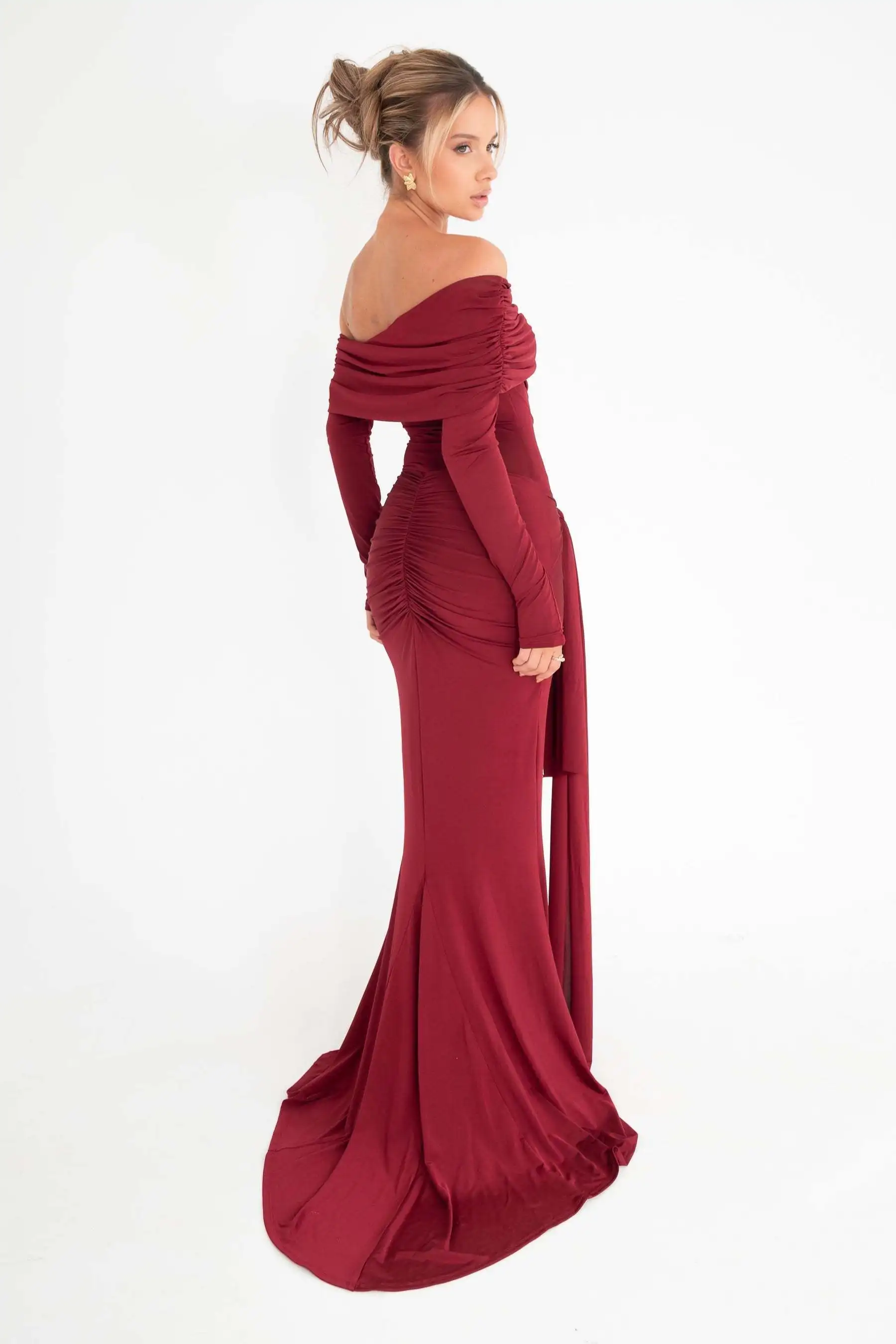 Elegant Long Sleeved Stretch Tight Bow Pleated Evening Dress Women Sexy Backless Bodycon Party Autumn Winter Vestido