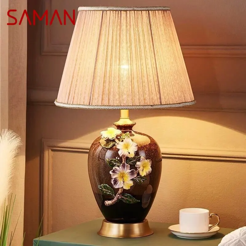 

SAMAN Modern Brass Ceramic Table Lamp LED Dimming Creative European Copper Desk Light for Home Living Room Bedroom Decor