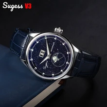 Sugess Moonphase Watch of Men 40mm Automatic Mechanical Wristwatches Seagull ST2528 Movement Stainless Steel Blue Sandstone Dial