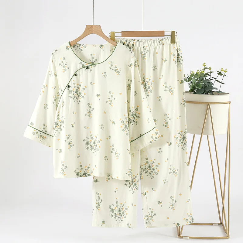 Bamboo Cotton Gauze Women's Retro Pajamas - Round Neck, Loose Fit, Nine-Quarter Sleeves