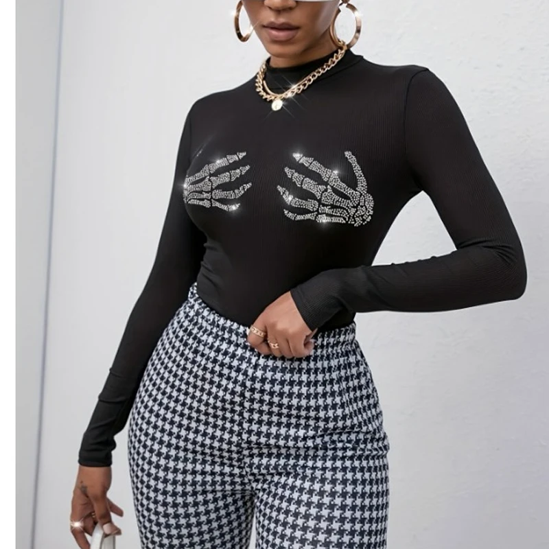 New Fashion Semi-turtleneck Hot Diamond Long-sleeved Blouse Street Solid Color Spring and Autumn Women's Casual Slim Fitting Top