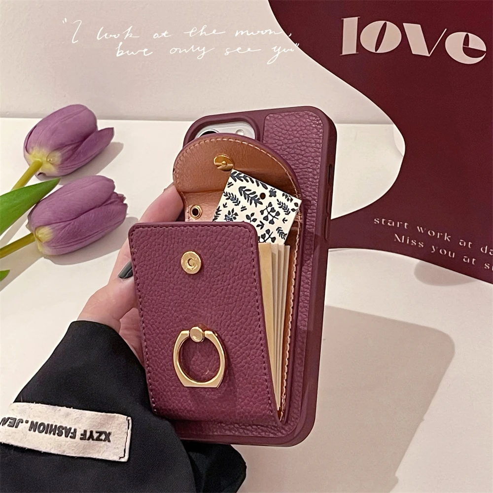 Estojo de Couro com Cordão Ajustável para Iphone Bolsa de Cartão Alça Transversal Anel de Metal Tampa com Carteira Slot para Iphone 14 13 12 11 Pro Max - Image 5