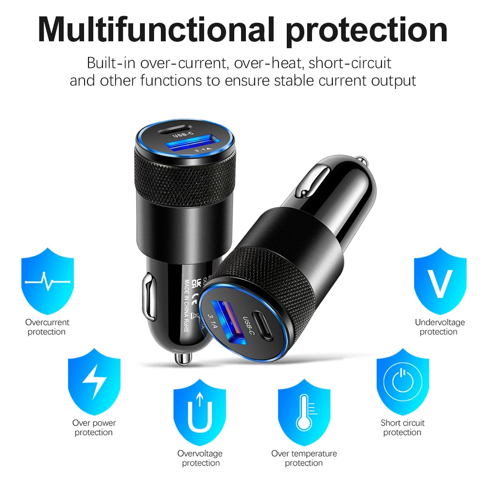 70W PD Quick Charge 3.0 Car Charger Dual USB C Fast Charging Adapter For iPhone 15 Samsung S24 Xiaomi 14 Huawei Car Power Outlet