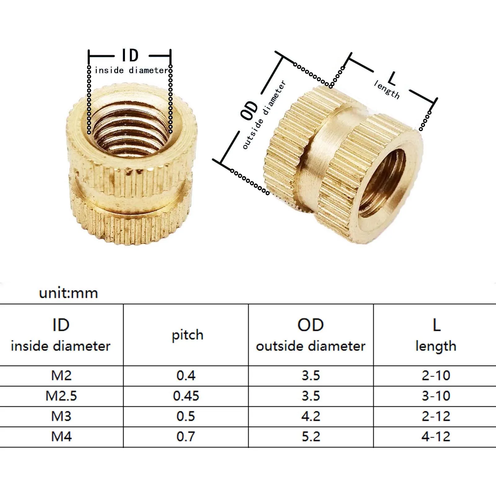 insert nut 375/400pcs Injection Molding Knurl Insert Nut Embedded Nutsert Assortment Kit Set 10 Mix Size M2 M2.5 M3 M4 Solid Brass Copper