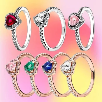 New in 925 Sterling Silver Elevated Red Heart With Colorful Crystal Women's Ring Fit Pandora 925 Original Bracelets Jewelry