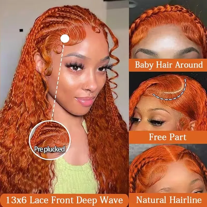 Orange Ginger Lace Front Wig Human Hair 13x6 Deep Wave Lace Front Wigs 40 Inch Water Wave Human Hair Wig Pre Plucked Curly Wigs 4