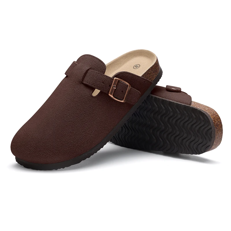 WTW Womens Clogs Cow Suede Soft Footbed Mules Unisex For Men Women Cork Clog Antislip Sole Slippers Mules Sandals With Adjustable Buckle Camel | Mules & Clogs