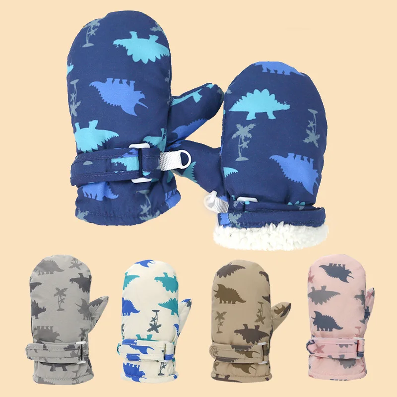 Windproof Waterproof Children Skiing Gloves Velvet Liner Warm Fingerless Gloves Dinosaur Print Baby Mittens 1-4year Plush Glove
