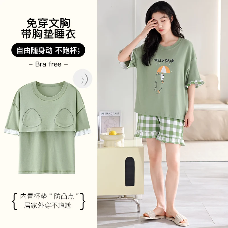 

Женская Летняя короткая пижама из 100% хлопка с подкладкой на груди