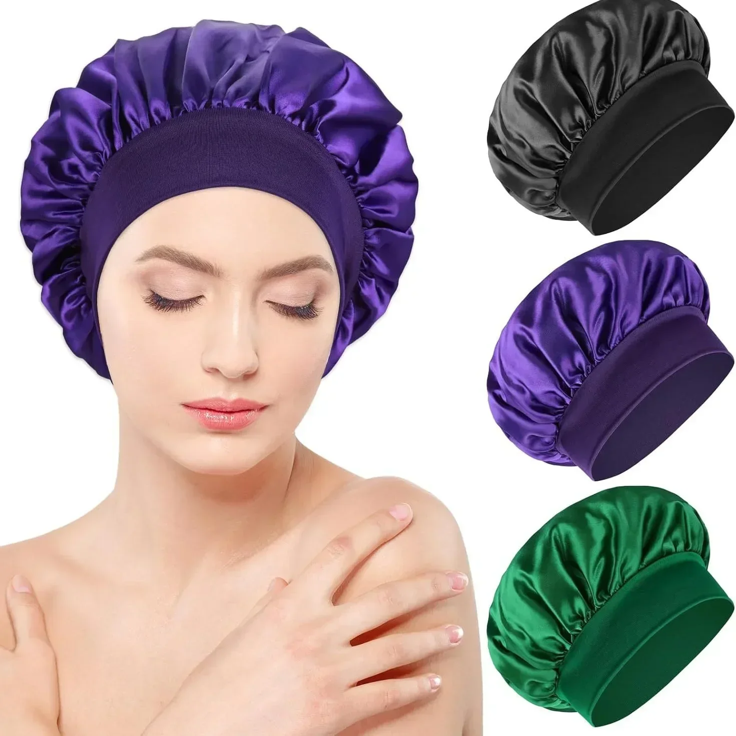 Silk Bonnet Solid Color Women's Satin Wide-brimmed Sleeping Hat Unisex Silk Imitation Head Wrap Elastic Band Cap Hair Care Bonnet Night Hat