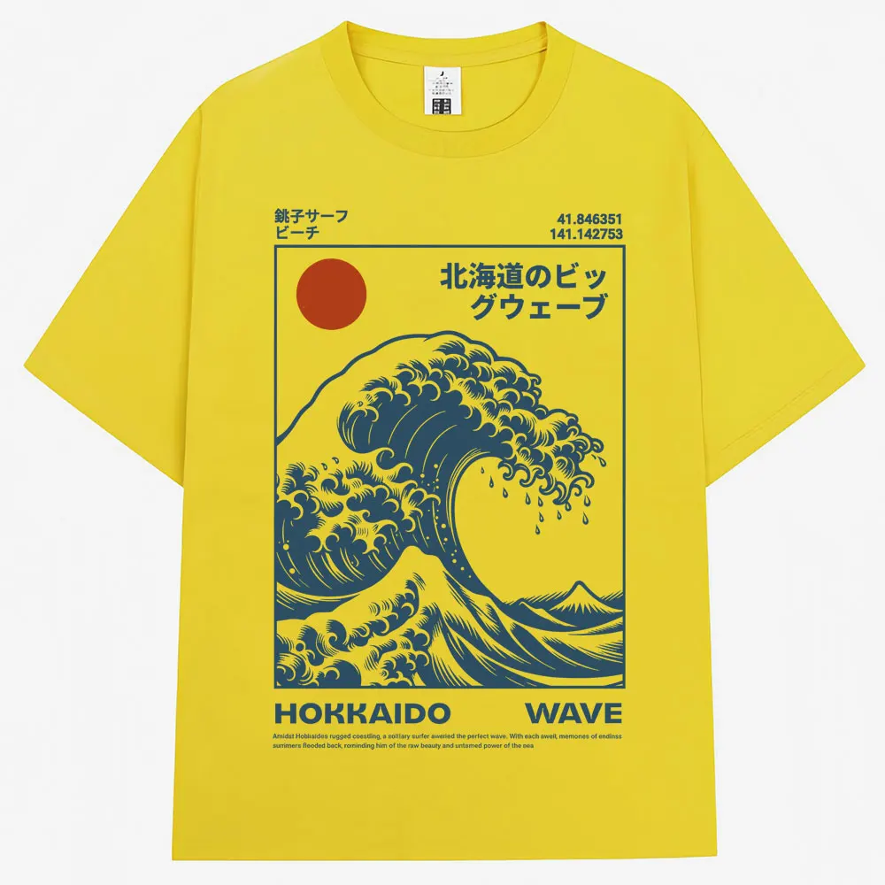 Vintage Japanese Hokkaido Wave Oversized Cotton Tee - Unisex Harajuku Fashion Summer T-Shirt