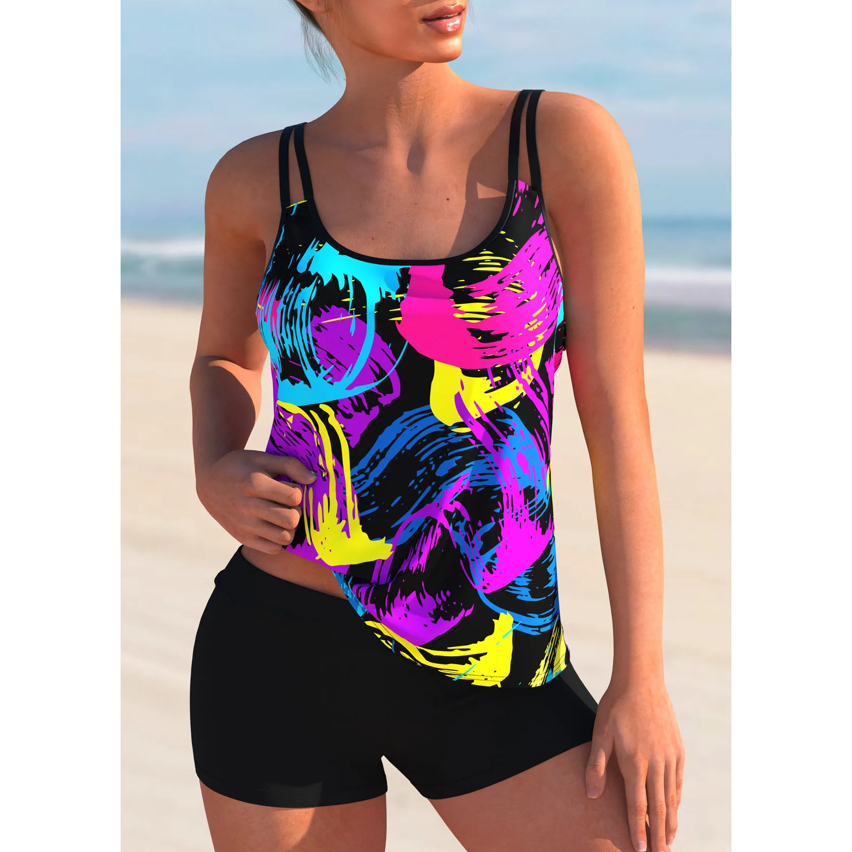 Women Swimwear Swimsuit Bikini Set Bathing Suit Vintage Beach Wear Plus Size Summer Loose Tankini Abstract Printing Monokini