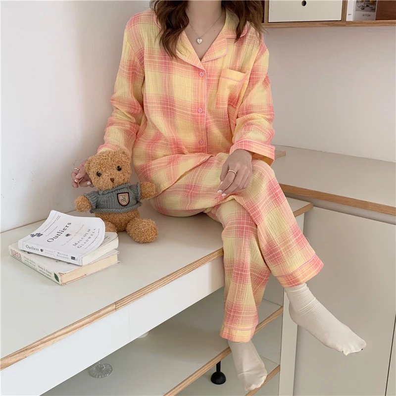 Yellow Plaid Single Breasted Shirts + Trousers Cotton Two Piece Pajamas Set Women Korean Vintage Casual Sleepwear Homewear