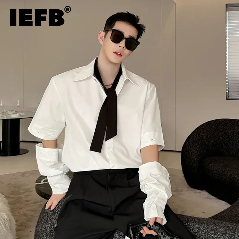 

IEFB New Men's Shirt Detachable Patchwork Sleeve Tie Design Single Breasted Turn-down Collar Solid Color Fashion Male Top 9C5773