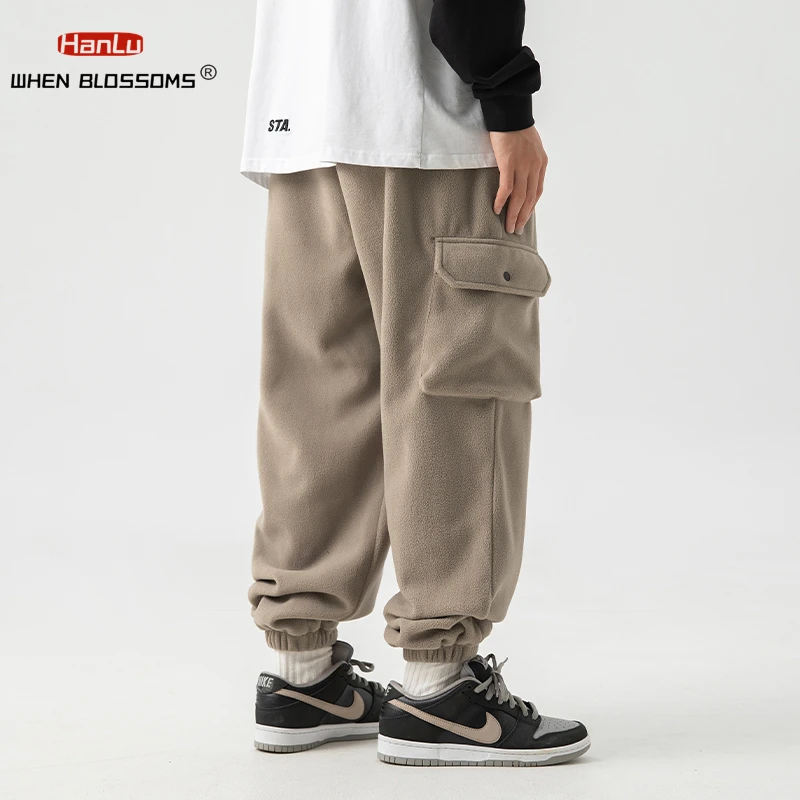 Fleece Pants For Men\'s Autumn Winter 2023 New Large Pocket Design Trousers Joggers Trendy Brand Loose Sports Casual Cargo Pants