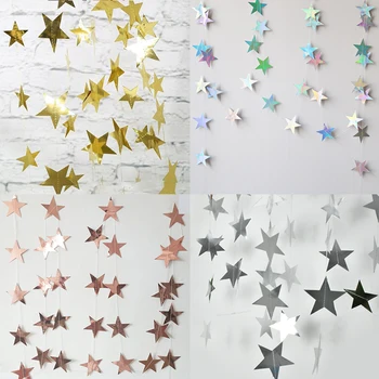 4M Bright Gold Silver Paper Garland Star String Banners Wedding Banner for Party Home Wall Hanging Decoration Baby Shower Favors