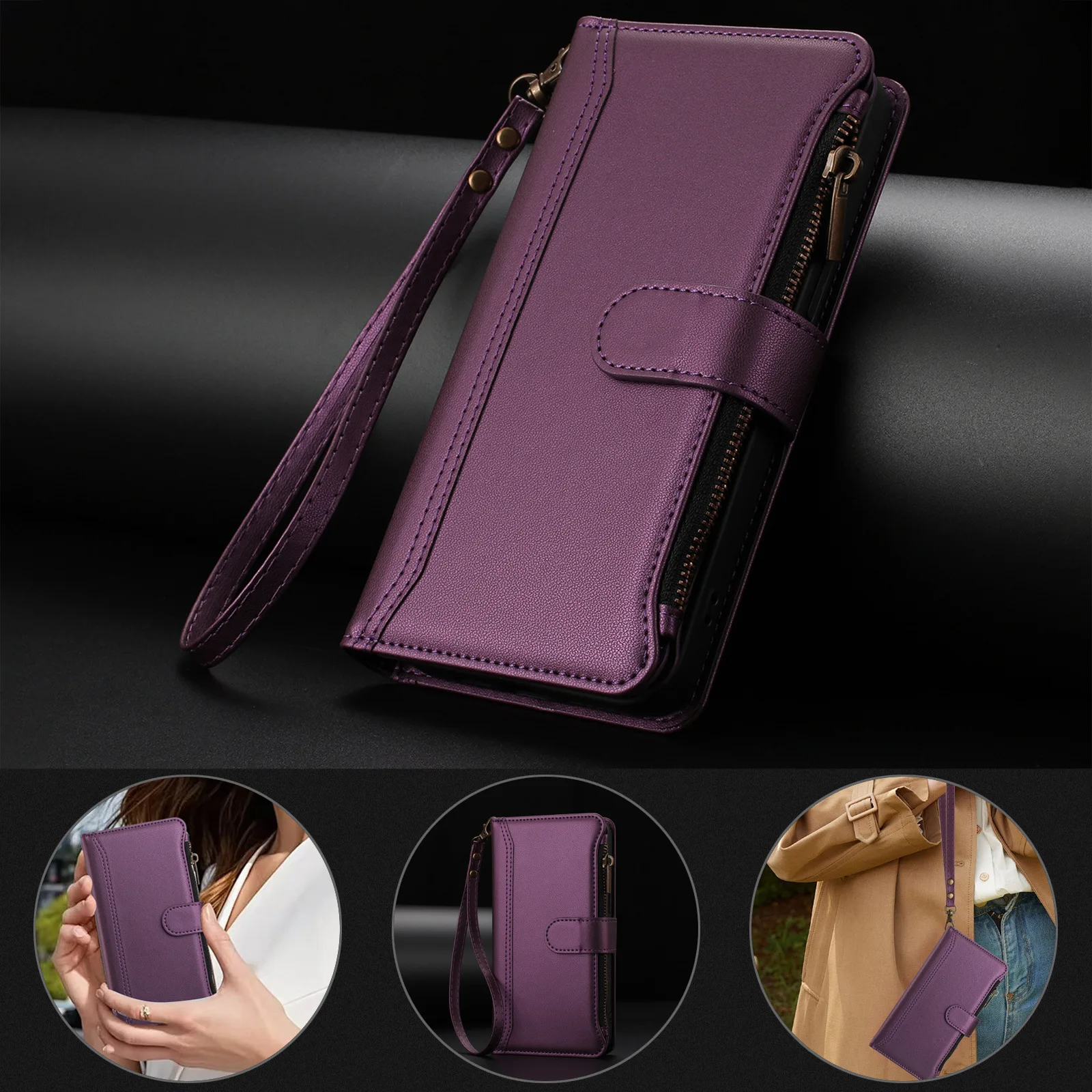 Versatile Leather Shoulder Wallet with Wireless Charging and Lanyard - Multi-Card Flip Cover