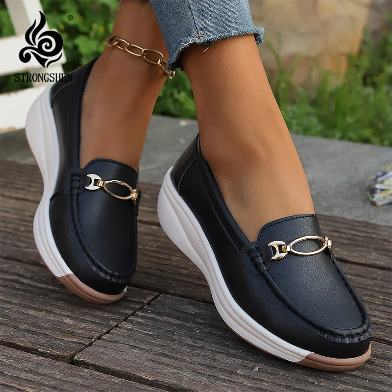 

STRONGSHEN женские кожаные туфли на танкетке, слипоны, Мокасины, повседневные кроссовки, женская обувь на плоской подошве для женщин, повседневная обувь на платформе