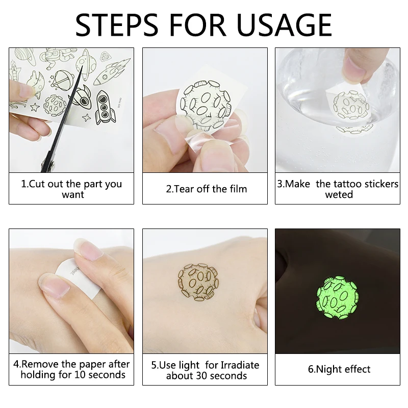 Luminous Tattoo Stickers Children Cartoon Universe Space Temporary Tattoo Glow Paste On Face Arm Leg For Kids Gift 10 Sheets/Set