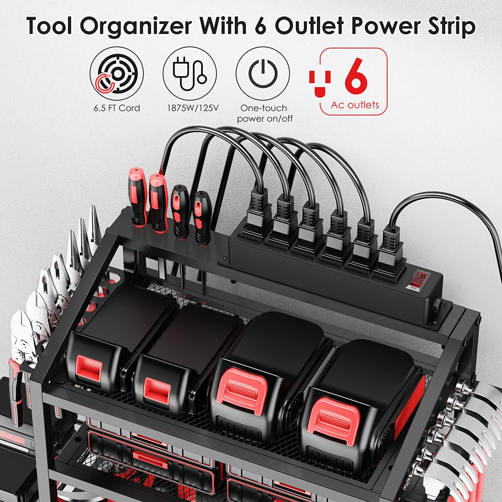 FZCSPEEDPower Tool Organizer Wall Mounted with Charging Station, 4 Tiers Storage Racks, 6 Drill Bit Storage Slot Racks