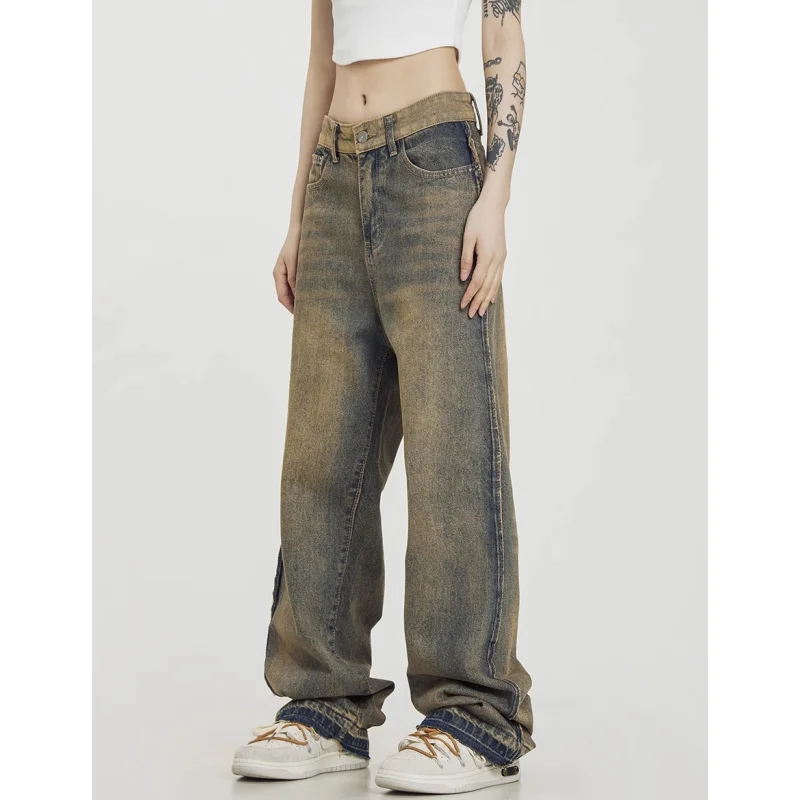 

Women Jeans Blue High Waist Spliced Y2K American Fashion Wide Leg Jean Female Summer Vintage Trouser Straight Baggy Denim Pants