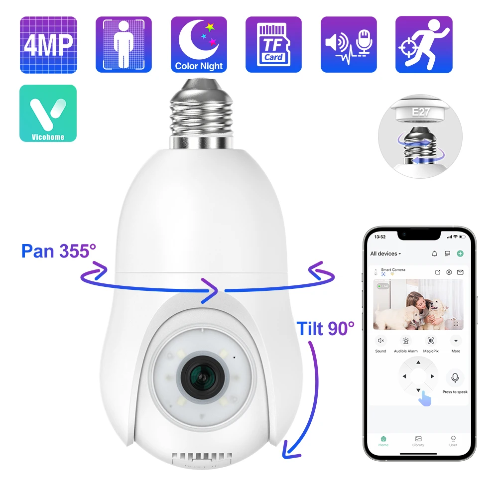 Techage 4MP WIFI Bulb Camera PTZ Wireless Indoor Surveillance Two-way Audio PIR Human Detection Auto Tracking Security IP Camera