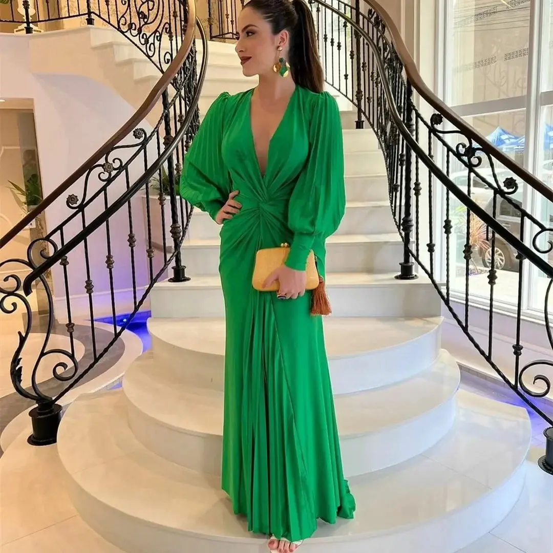 Lantern Sleeve Evening Dresses For Wedding Guest Floor Length Green Chiffon Party Gowns For Women V Neck Probe Femme Soirée 2024