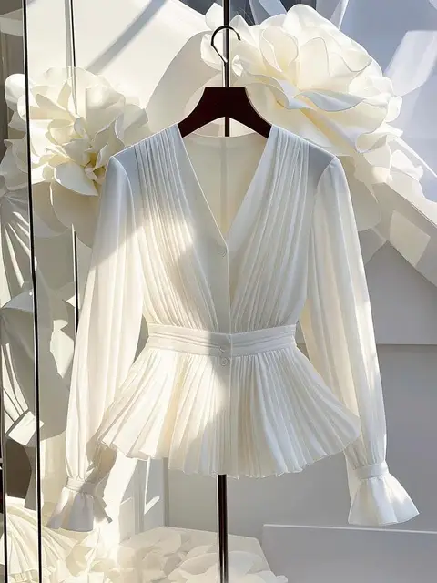 Youth Elegant Pleated White Long Sleeve Button Up Shirt Women V Neck Ruffle Tunic Basic Blouse Chiffon Lady Office Casual 1