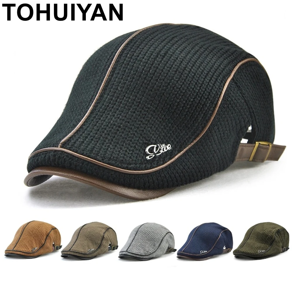 TOHUIYAN Knitted Wool Newsboy Cap Men Winter Warm Hat For Male Duckbill