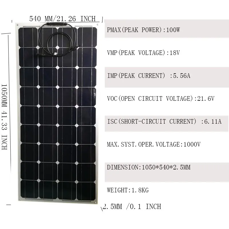

Monocrystalline Flexible Solar Panel 100W 100 Watt 12V Solar Battery Charger Off Grid Car Caravan Camping Motorhomes Phone Fan