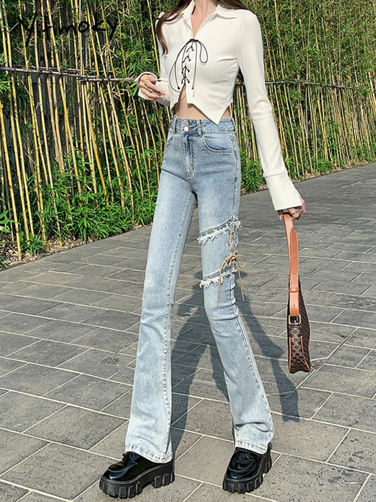 Yitimoky High Waist Fashion Denim Jeans for women Lace Up Pants Spring 2022 full length Vintage blue Tassel Ladies Mon Jeans jeans women