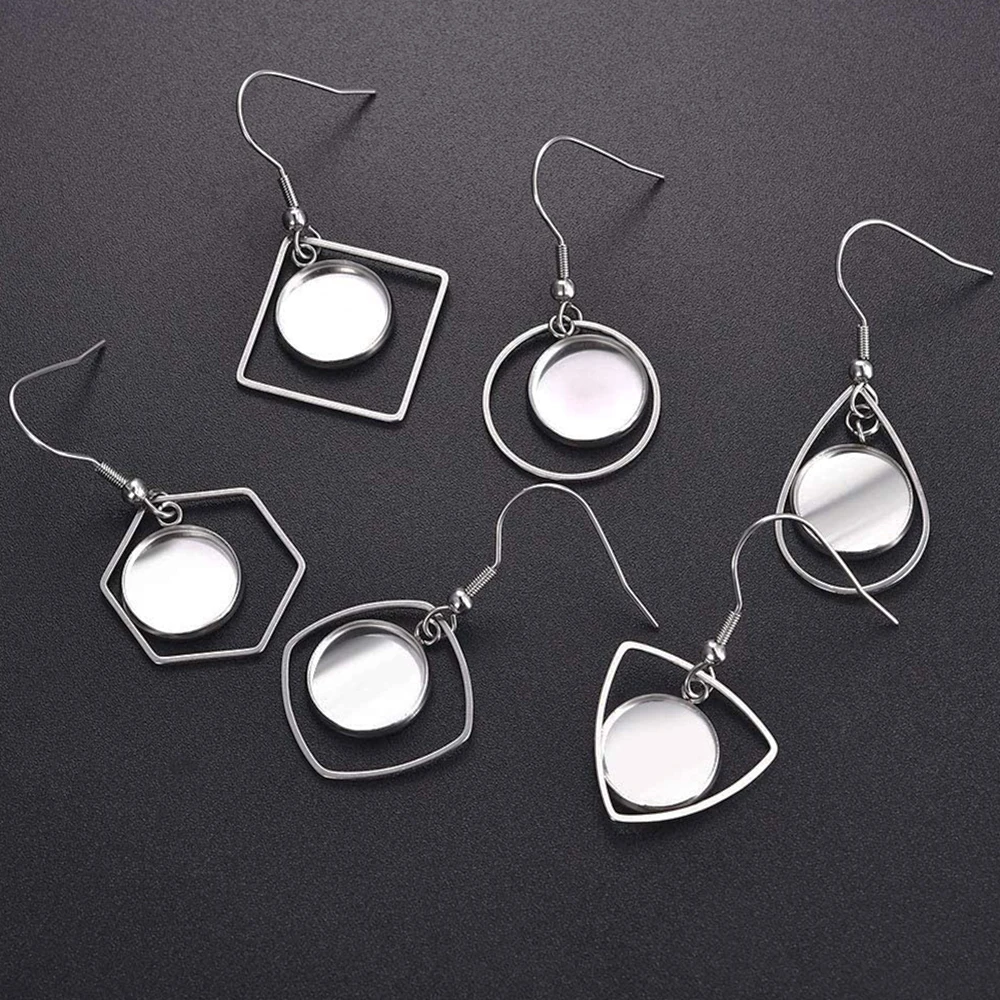 

10pcs Stainless Steel Dangle Earring Blanks with Geometric Charms 10/12mm Cabochon Base Settings Diy Ear Hooks Jewelry Supplies