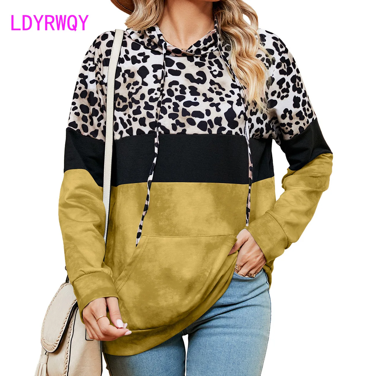 2023 Autumn/Winter New Leopard Pattern Contrast Panel Tie Dyed Pocket Long Sleeve Sweater for Women
