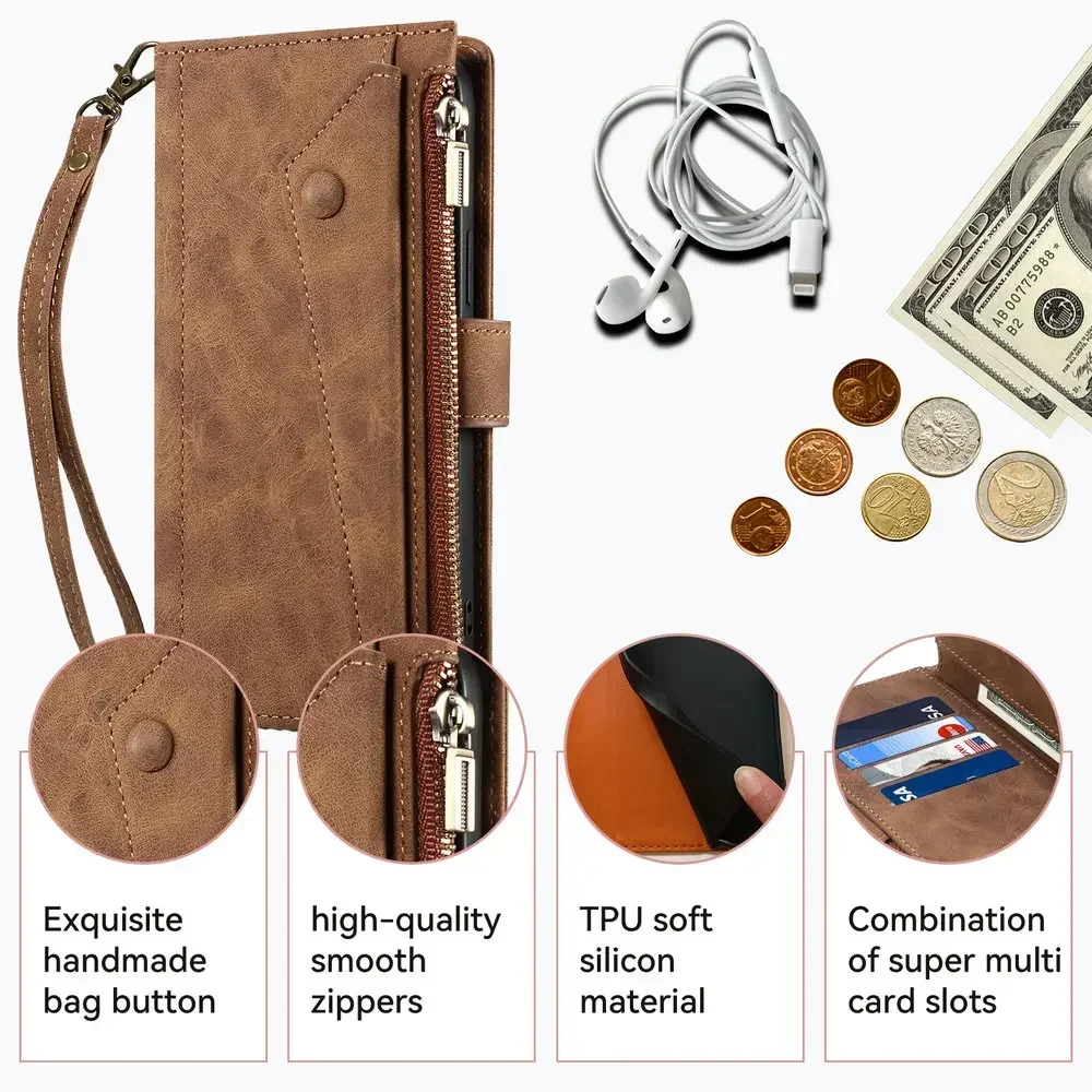 Zipper Leather Flip Case Wallet and Crossbody Book Cover