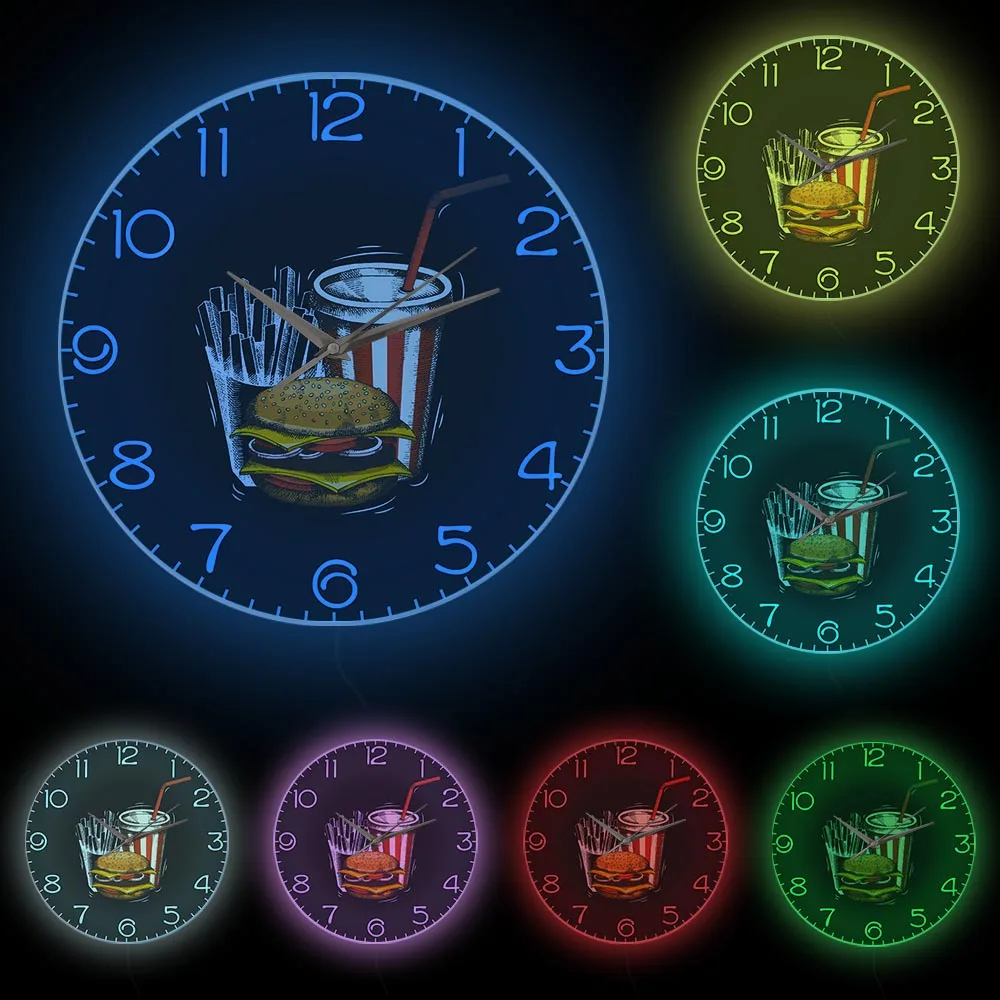 Hamburger French Fries Soda Traditional Taste Takeaway  Wall Clock White Frame With LED  