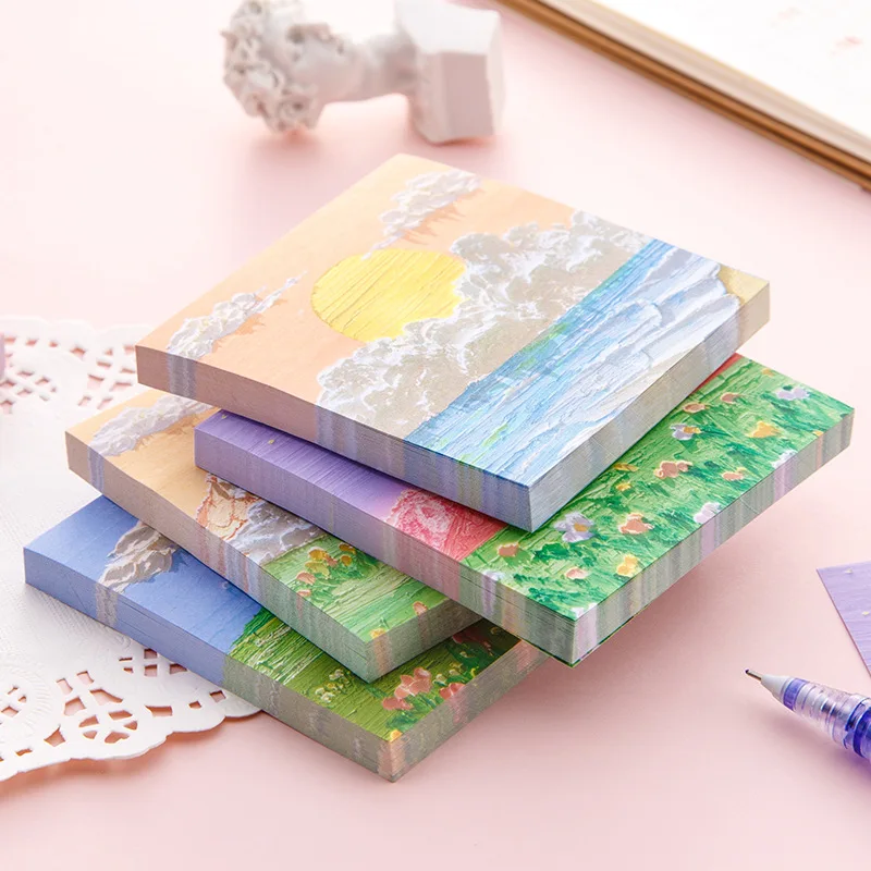 80Sheets Oil Painting Landscape Writing Paper Sticky Memo Pad Message Decorative Notepad PaperStationery Office Supplies