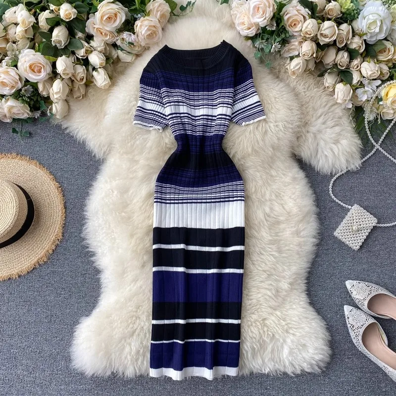 YuooMuoo Lady Stripes Knitted Bodycon Office Dress Summer Slim Elastic Sexy Package Hips Party Dress Women Outfits Vestidos 3