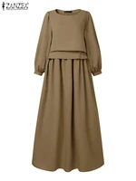 ZANZEA Womens Casual Chic Maxi Dresses Boatneck Lantern Sleeve Fake Two-Piece Solid Color A-Line Long Dress Autumn Retro Clothes - Image 4