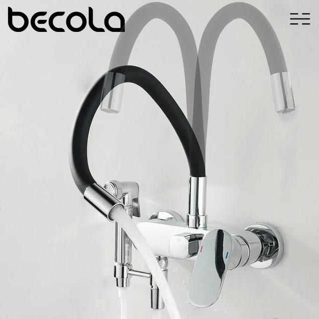 ทองเหลืองอ่างล้างจานก๊อกติดผนังอ่างล้างหน้าผสมเย็นและน้ำอุ่น Tap สีดำอ่างล้างจานก๊อกน้ำสเปรย์ปืนสำหรับห้องครัว 1