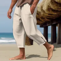 Pantalon en lin élégant pour homme 2026 avec boucle de manchette, blanc uni, longueur cheville, grande taille, décontracté, avec cordon de serrage 3