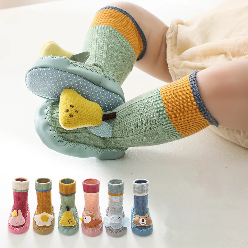 Autumn and Winter Wool Cartoon Leather Sole Baby Shoes and Socks Thickened Warm and Non Slip Class Children's Walking Floor Sock