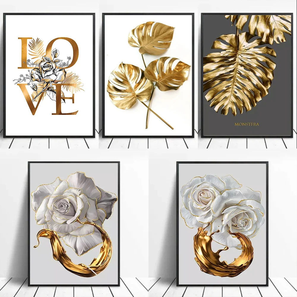 

Morden Decor Golden Plant Leaves and Flowers Rose Wall art Canvas Painting Wall Pictures for Living Room Decoration Pictures