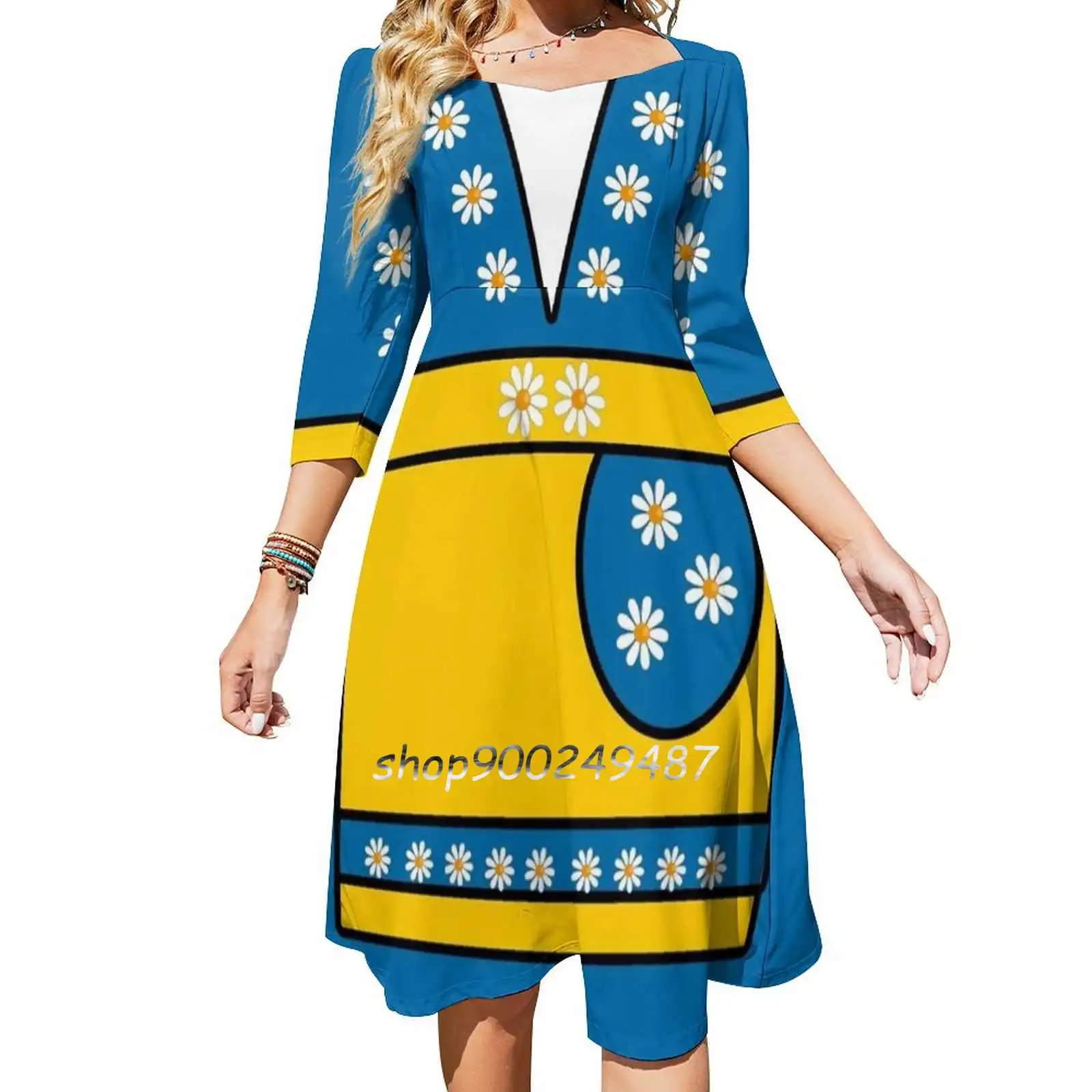 Swedish National Costume Blue Yellow Daisies Flare Dress Square Neck Dress  Elegant Female Fashion Printed Dress Swedish - AliExpress 200000345