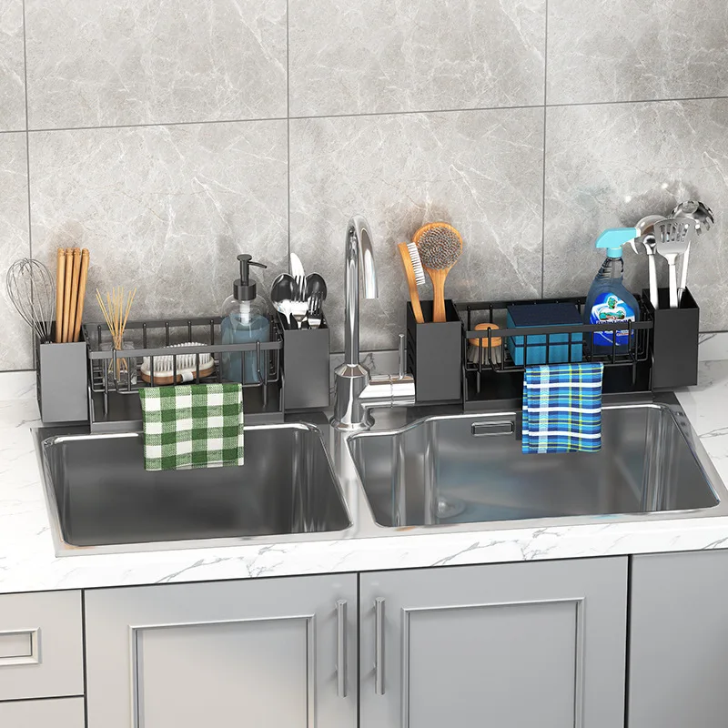 Multi-Functional Storage Rack with Automatic Drain for Kitchen Sink Countertop Organization 2