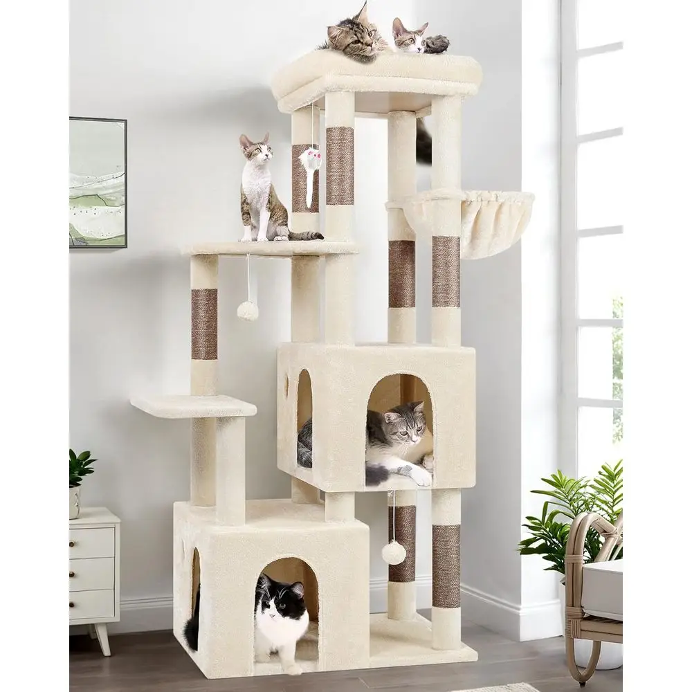 Sturdy Large Cat Tree Tower with Scratching Post for Maine Coon Cats, 61 Beige