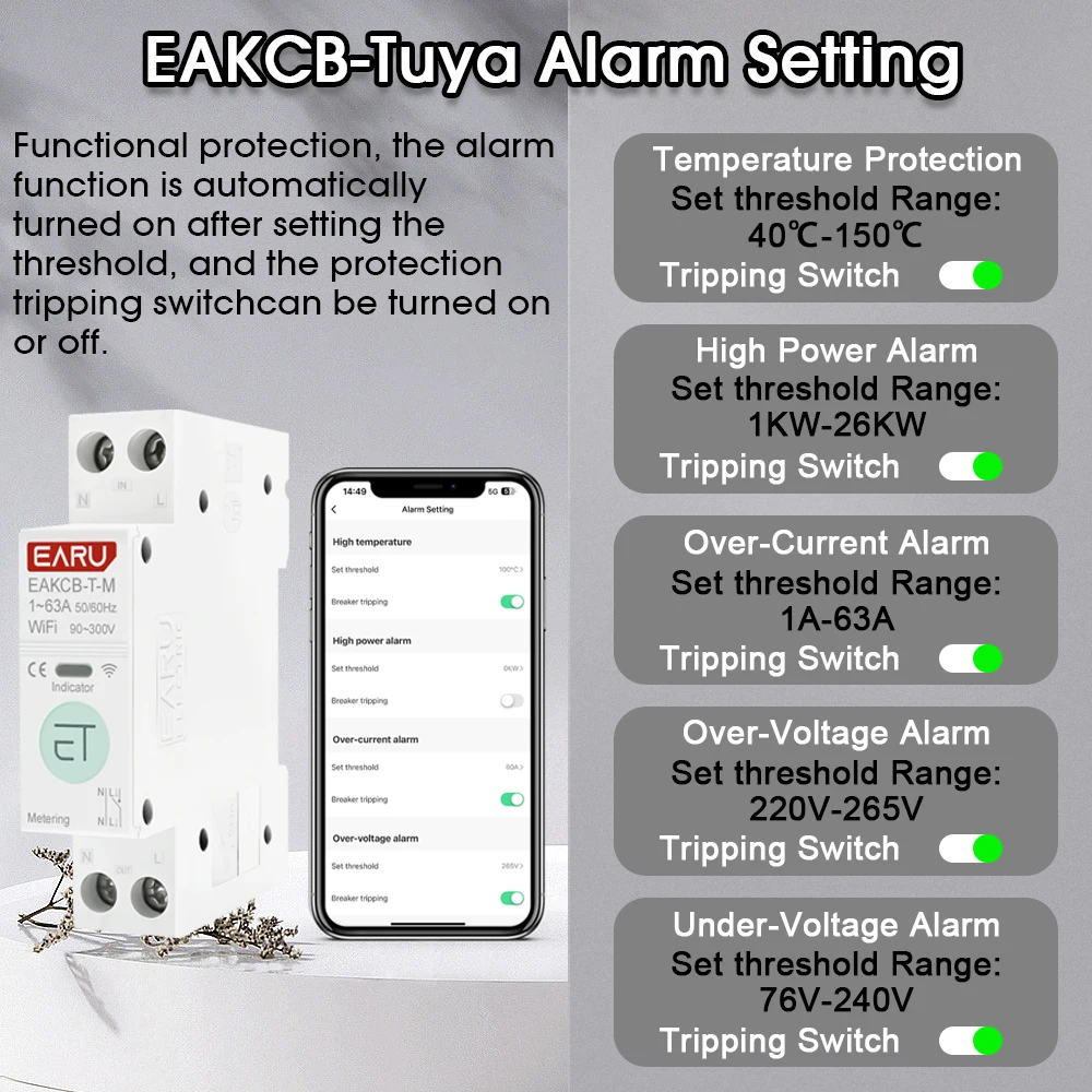 Tuya eWeLink WiFi 스마트 회로 차단기 MCB 1P + N 63A 타이머 릴레이 kWh 전압 전류 측정기 보호기 음성 원격 제어 스위치